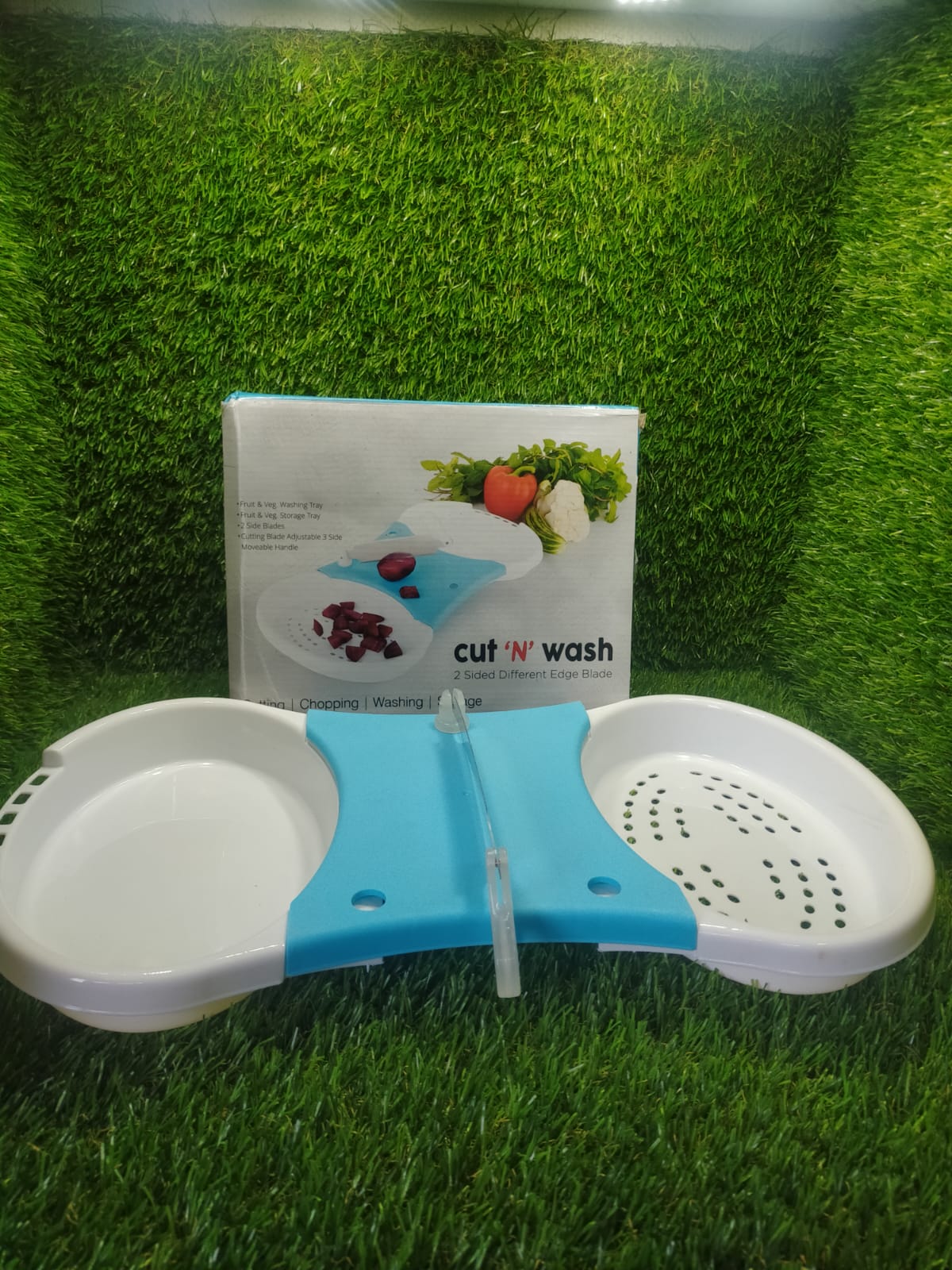 Dual-function cut and wash tool for simplifying fruit and veggie prep. Dual-function cut and wash tool for simplifying fruit and veggie prep.